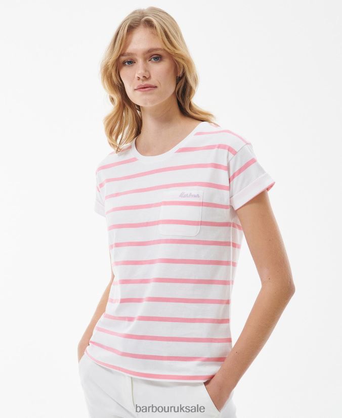 Otterburn Stripe T-Shirt Barbour Women R08LB61649 Clothing White/hibiscus - Click Image to Close